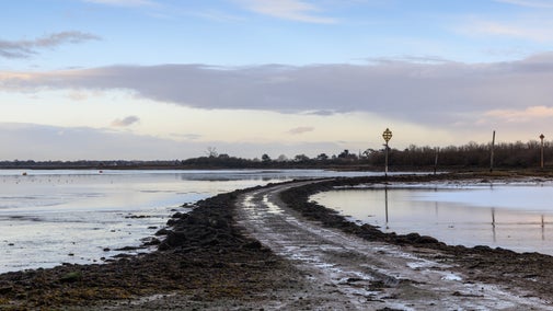 The causeway to Northey Island with water either side of it at low tide
